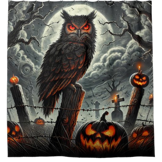 墓地ナイトフクロウ不気味Swznグローハローウィンパーティ シャワーカーテン (正面)