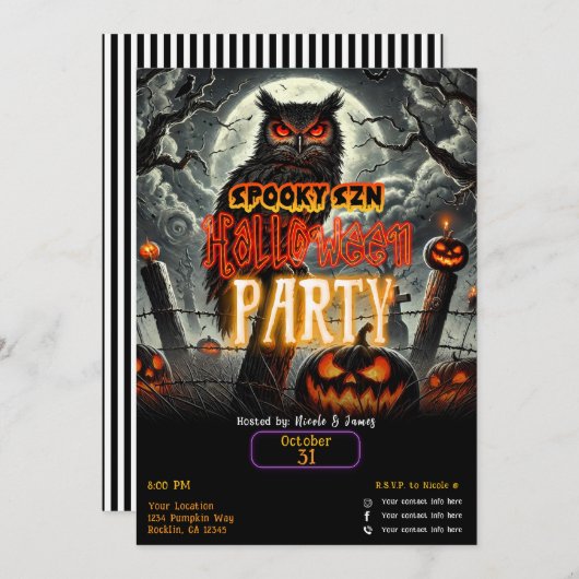 墓地ナイトフクロウ不気味Swznグローハローウィンパーティ 招待状 (正面/裏面)