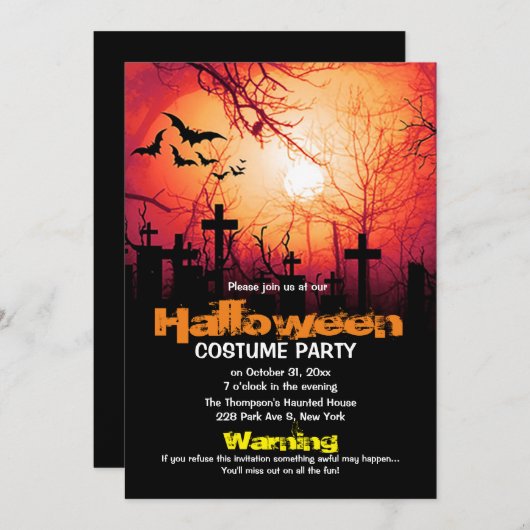 墓地不気味ムーンこうもりハロウィーンの衣装パーティー 招待状 (正面/裏面)