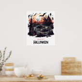 墓地不気味、カボチャスカルとこうもり ポスター (キッチン)