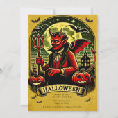 墓場のヴィンテージな悪魔 イエロー・ハロウィンパーティー 招待状 (裏面)