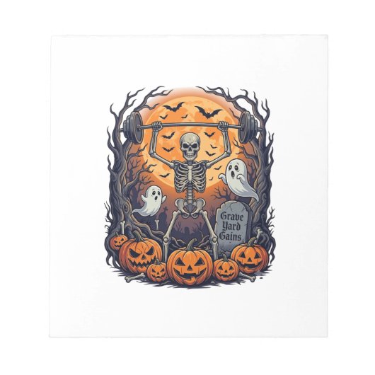墓場の筋トレ スケルトンがバーベルを上げる ハロウィン ノートパッド (正面)
