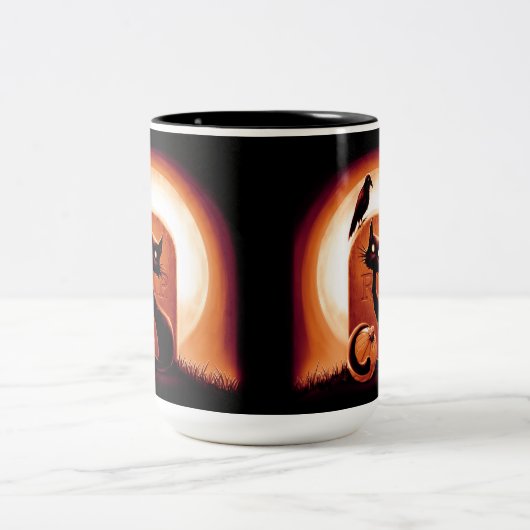 墓石に囲まれたダーピー・ハロウィーン猫 ツートーンマグカップ (中央)