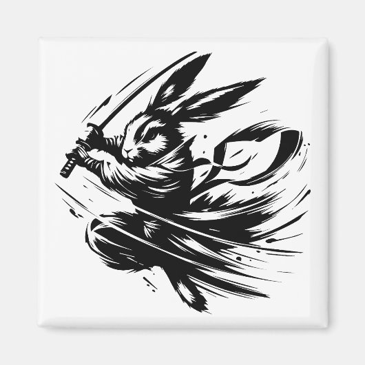 墨絵のサムライうさぎ ブラックインクの武士兎 マグネット (正面)