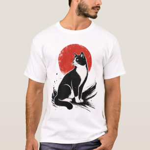 墨絵のタキシードキャットと赤い太陽のイラスト Tシャツ