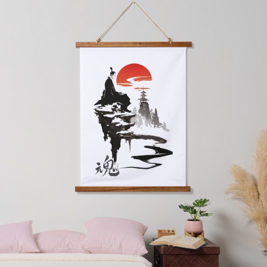 墨絵の墨絵を描いた 吊り下げ型タペストリー (寝室)