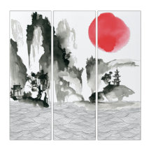 墨絵の山と日本の夕日