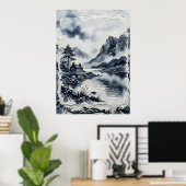 墨絵の山の風景 水墨画 ファインアート ポスター (ホームオフィス)