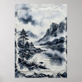 墨絵の山の風景 水墨画 ファインアート ポスター (正面)