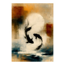 墨絵の抽象的な鯉の壁画 月