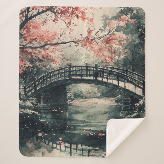 墨絵の桜の橋の風景 シェルパブランケット (正面)