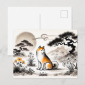 墨絵の盆栽の下の庭にいる忠実な犬 シーズンポストカード (正面/裏面)