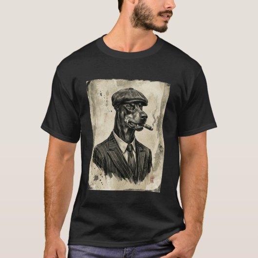 墨絵風のギャング風ドーベルマン Tシャツ (正面)