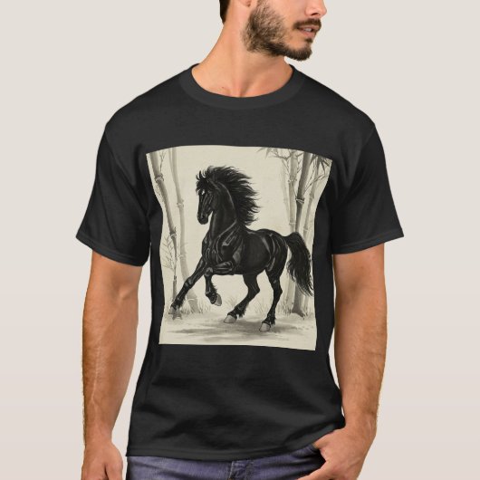 「墨馬」Japanese style ink painting T-shirt Tシャツ (正面)