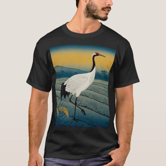 「墨鶴」Japanese style ink painting T-shirt Tシャツ (正面)