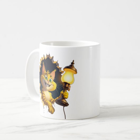 壁にお洒落ランプを通した漫画の猫 コーヒーマグカップ (正面左)