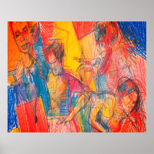 壁に描かれた友達グループの鉛筆画 ポスター (正面)