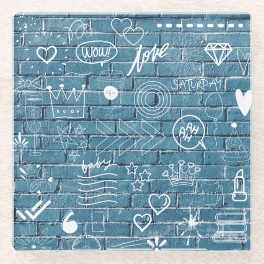 壁に描かれた美しいグラフィティアート緑の書道 ガラスコースター (正面)