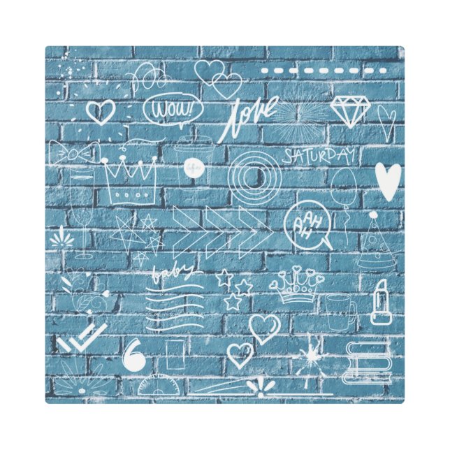 壁に描かれた美しいグラフィティアート緑の書道 メタルプリント (正面)