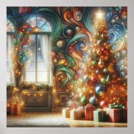 壁に飾るレトロなスタイルのクリスマスツリーとプレゼント ポスター