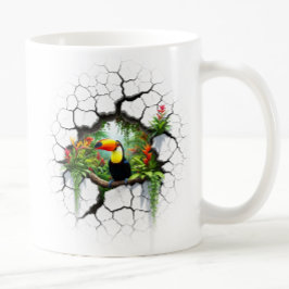 壁のカラフルポータルを通して見るトゥーカン コーヒーマグカップ