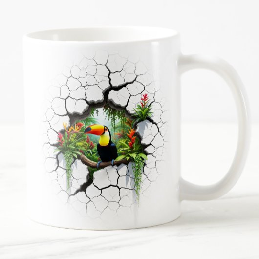 壁のカラフルポータルを通して見るトゥーカン コーヒーマグカップ