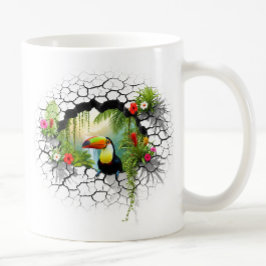 壁のカラフルポータルを通して見るトゥーカン コーヒーマグカップ