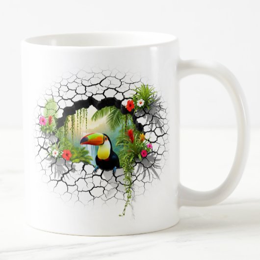 壁のカラフルポータルを通して見るトゥーカン コーヒーマグカップ