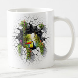 壁のカラフルポータルを通して見るトゥーカン コーヒーマグカップ