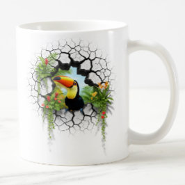 壁のカラフルポータルを通して見るトゥーカン コーヒーマグカップ