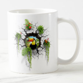 壁のカラフルポータルを通して見るトゥーカン コーヒーマグカップ