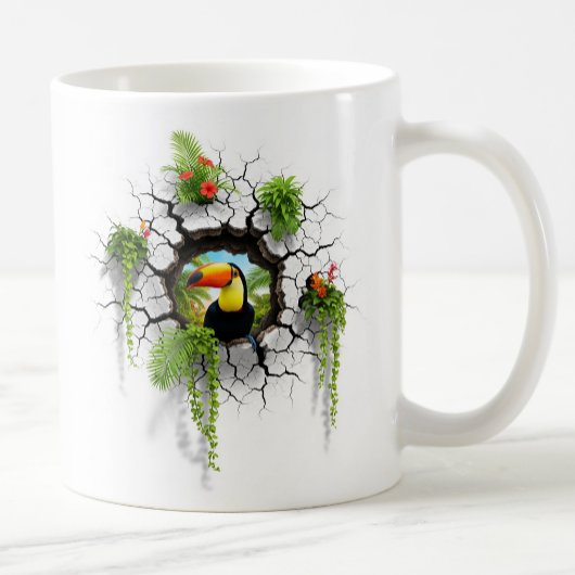 壁のカラフルポータルを通して見るトゥーカン コーヒーマグカップ