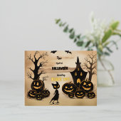 「壁のハロウィンの時の黒猫」 箔シーズンポストカード (立ち正面)
