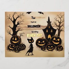 「壁のハロウィンの時の黒猫」 箔シーズンポストカード