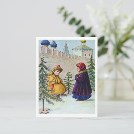 壁の下に二人の子供とクリスマスツリー ポストカード (スタンド正面)