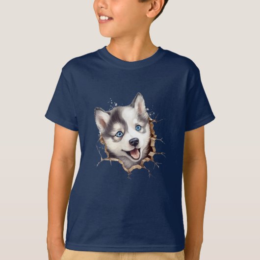 壁の向こうに:ハスキーの子犬よくはしゃぐの Tシャツ (正面)