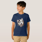 壁の向こうに:ハスキーの子犬よくはしゃぐの Tシャツ (正面フル)