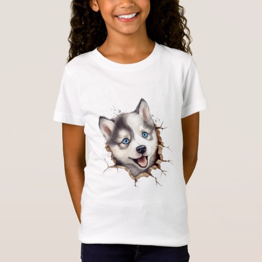 壁の向こうに：ハスキーの子犬よくはしゃぐの Tシャツ (正面)