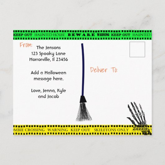 壁の後ろに閉じ込められたハロウィーン用注意テープ ポストカード (裏面)