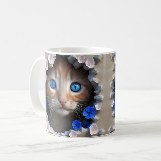 壁の穴から覗くかわいい子猫 コーヒーマグカップ (正面左)