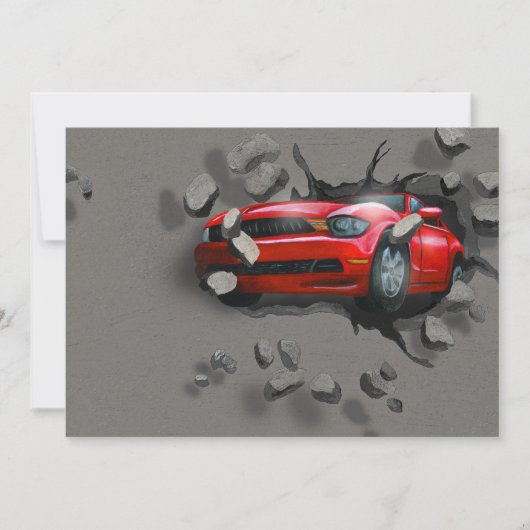 壁を突き抜ける赤いスポーツカー 招待状 (正面)