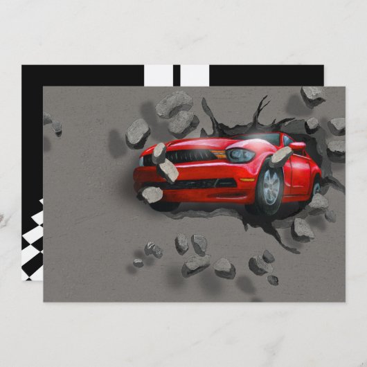 壁を突き抜ける赤いスポーツカー 招待状 (正面/裏面)