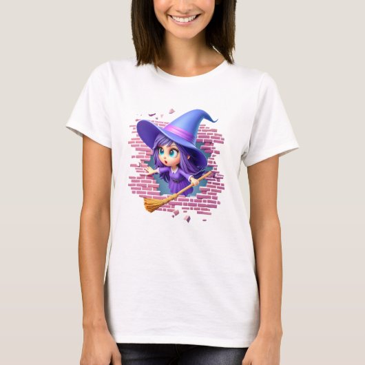 壁を突破したかわいい3Dハロウィーンの魔女 Tシャツ (正面)