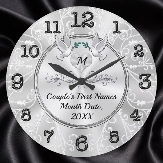 壁パーソナライズされた時計の結婚贈り物、愛の鳥 ラージ壁時計