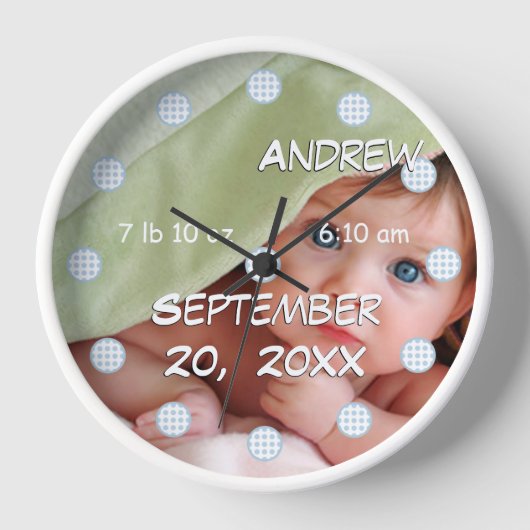 壁パーソナライズされた時計ベビーの名前と誕生日 壁時計 (正面)