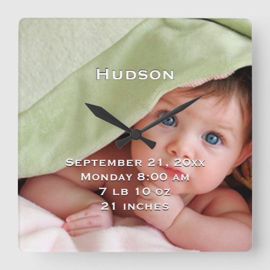 壁パーソナライズされた時計ベビーの名前誕生の状態 スクエア壁時計 (正面)