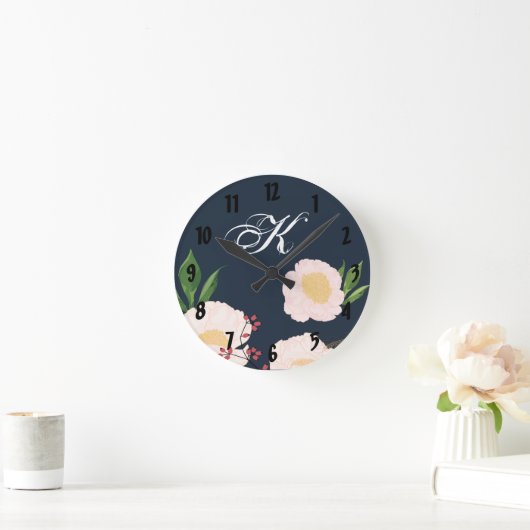 壁パーソナライズされた時計ホワイトフローラ花オンDa ラウンド壁時計 (ホーム)