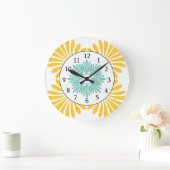 壁モダン時計 – 黄色の緑のフローラルパターン ラージ壁時計 (ホーム)