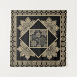 壁掛けタペストリー メダリオン、黒地にタンとクリーム タペストリー