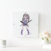 壁掛け時計は女の子を紫色のドレスでブーツ付き スクエア壁時計 (ホーム)